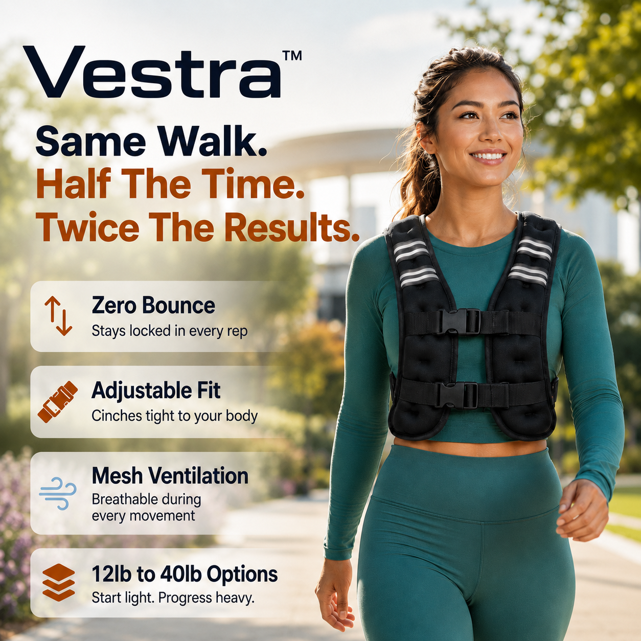 Vestra vest feature breakdown: zero bounce, adjustable fit, mesh ventilation